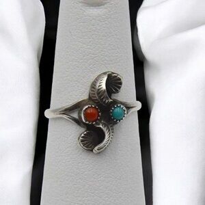 Sterling Silver Ring Turquoise Coral Zuni Look Southwestern Leaf Design